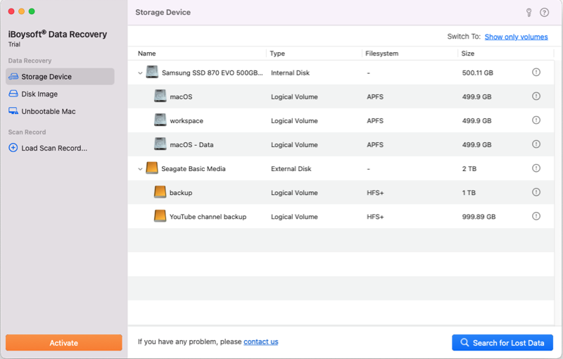 iBoysoft Data Recovery for Macの全てのデバイスを表示する