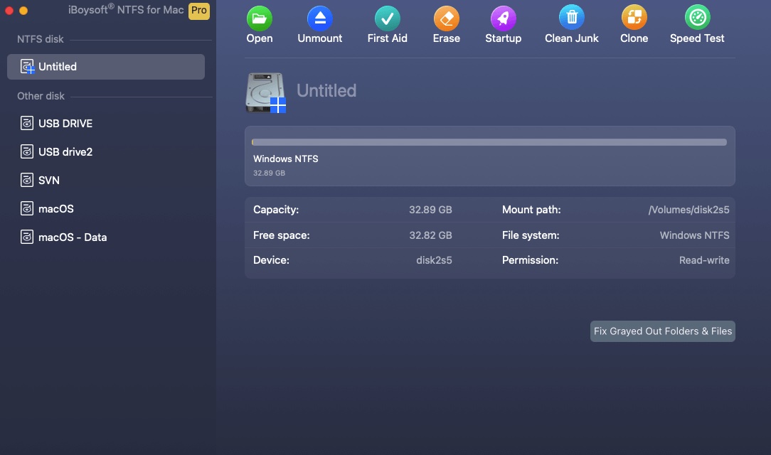 Interface iBoysoft NTFS pour Mac