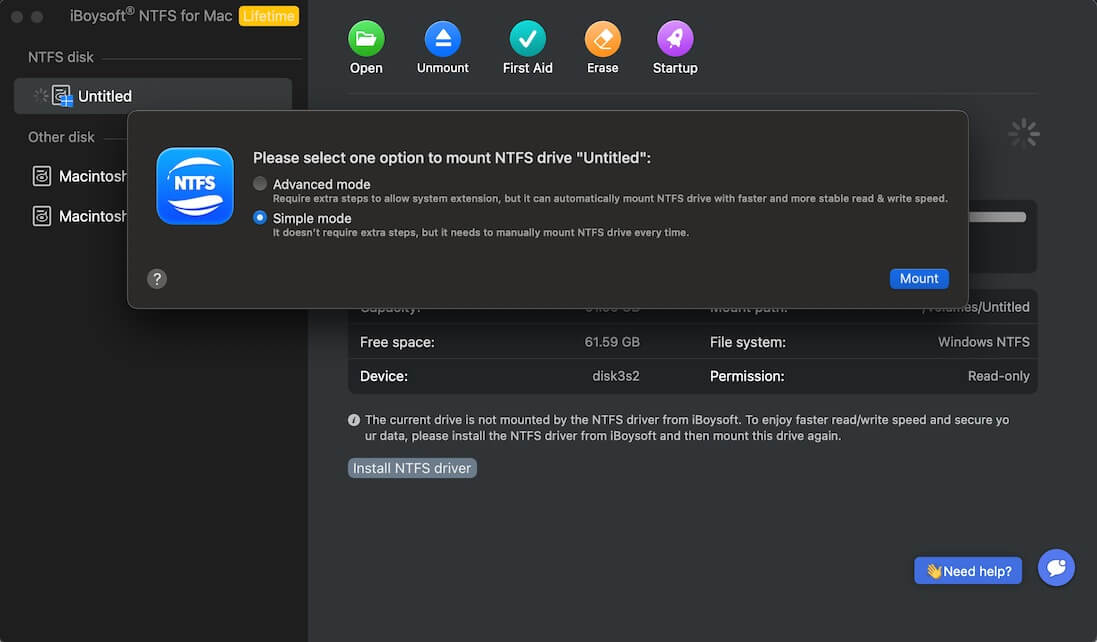 iBoysoft NTFS for Mac simple mode