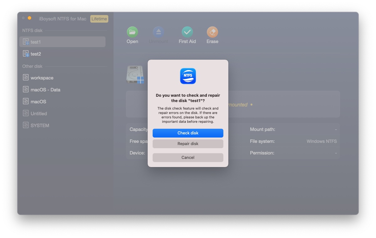 Repair an NTFS Disk with iBoysoft NTFS for Mac
