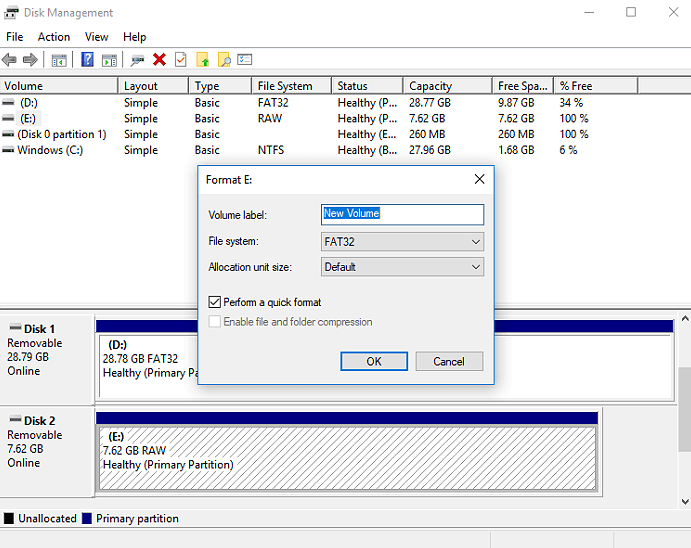 RAW-Disk in der Datenträgerverwaltung formatieren