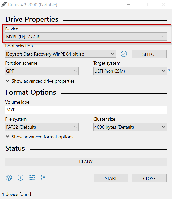 Select USB drive in Rufus