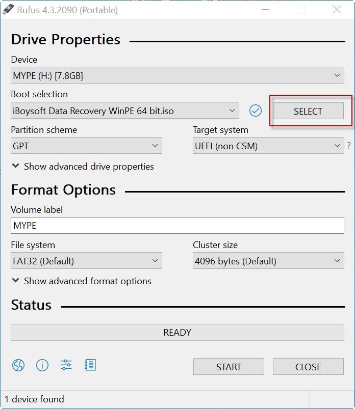 Select iso file in Rufus